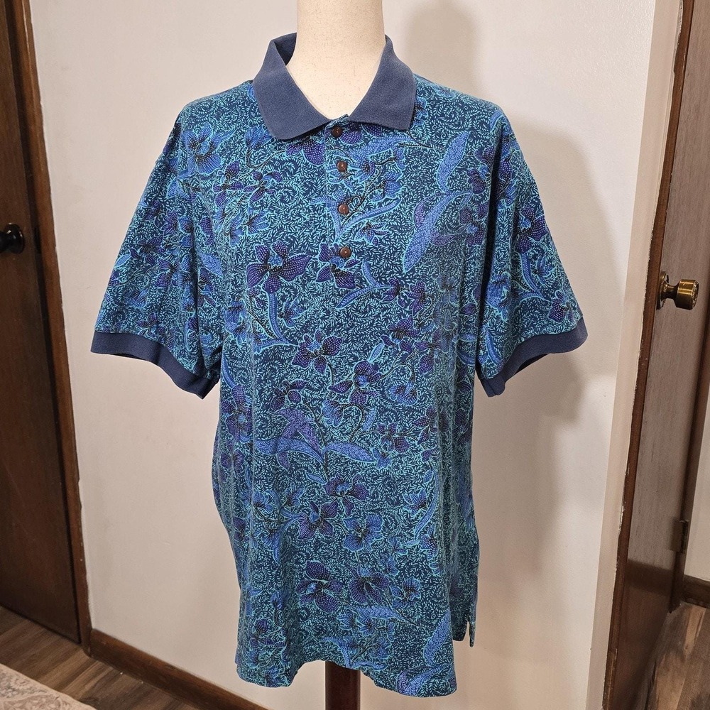 Mens Blue Green Floral Paisley Vintage Cotton Polo Button Shirt OshKosh BGosh XL